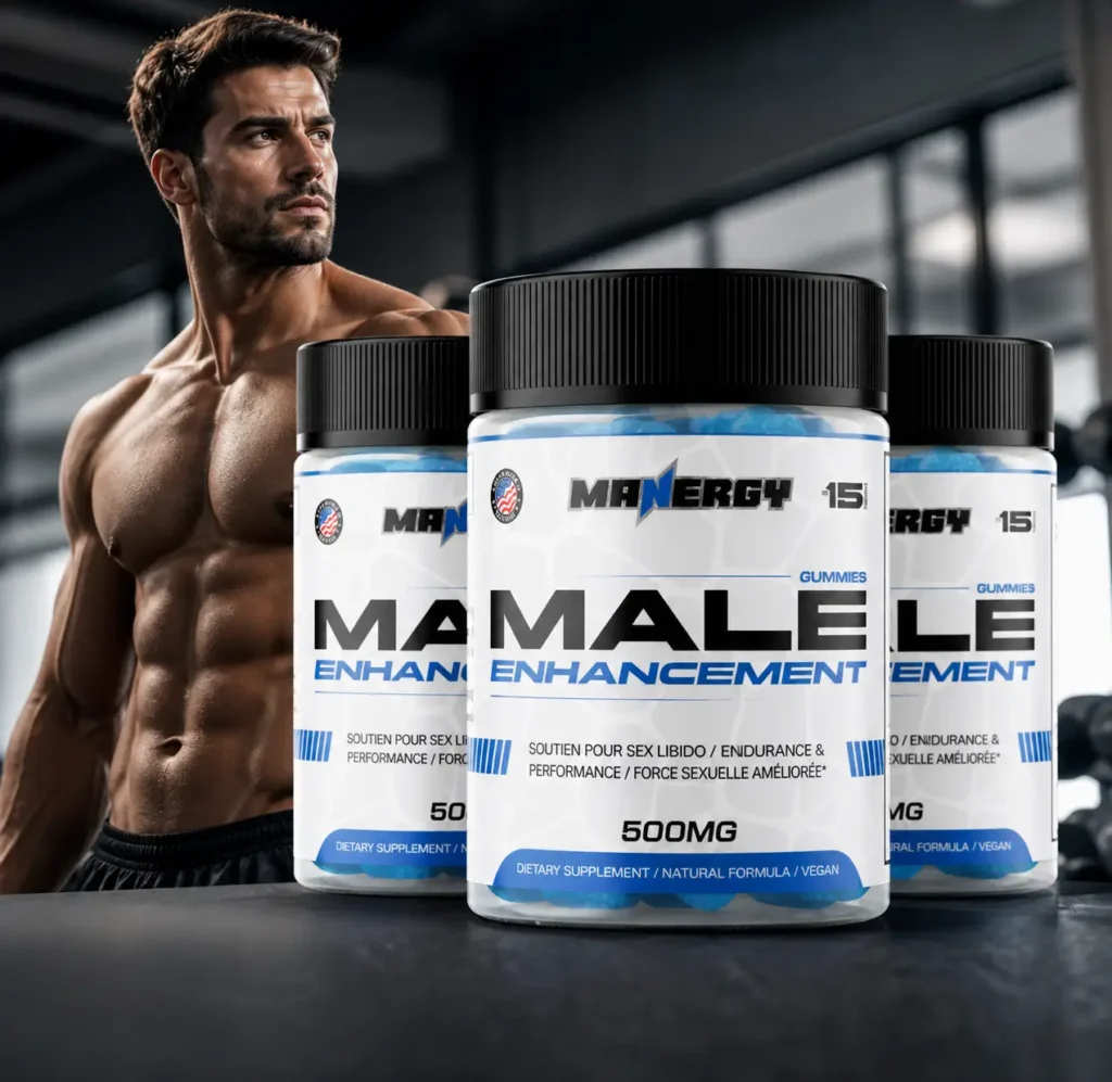 Manergy Gummies bottles avec homme athlétique